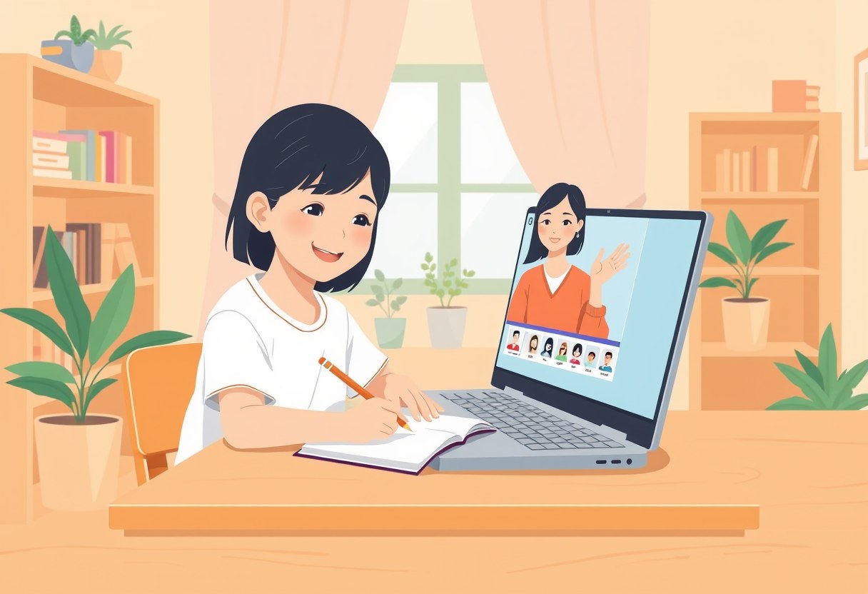 自宅でオンライン授業を受ける子どもと、画面越しに教える先生のイラスト