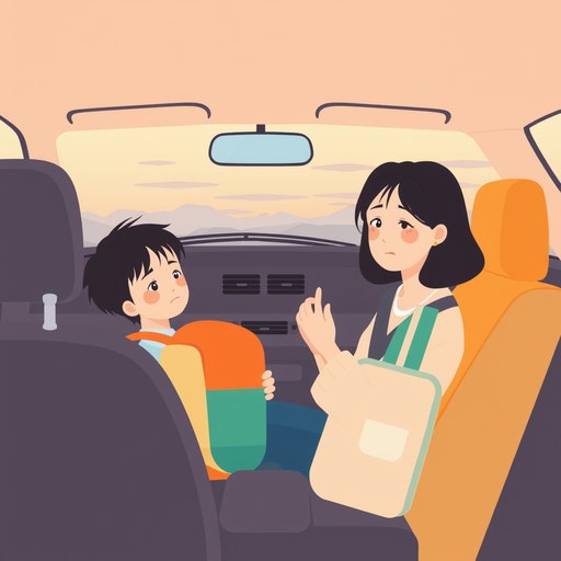 子どもを車で塾へ送迎する母親のイラスト