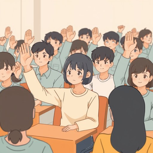 大勢の教室で質問をためらう生徒のイラスト