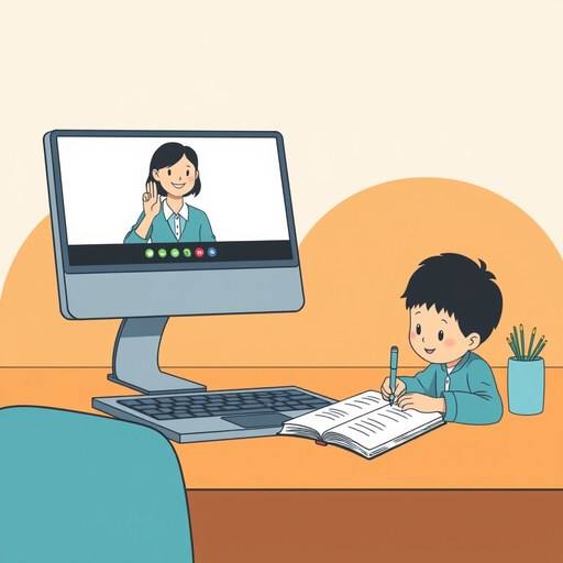 画面越しにマンツーマンで教わる子どものイラスト