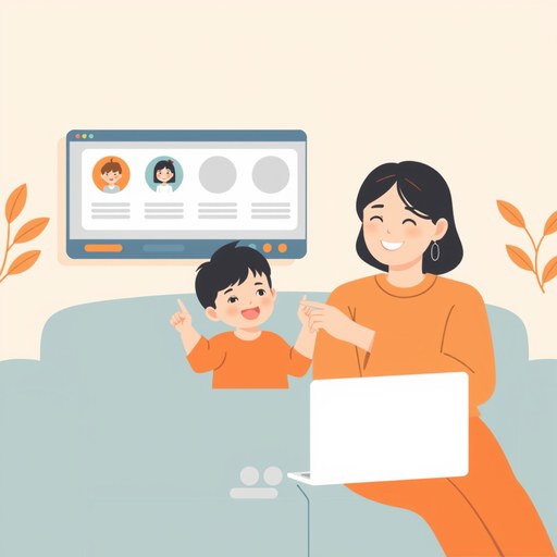 親子で先生のプロフィールを選んでいるイラスト