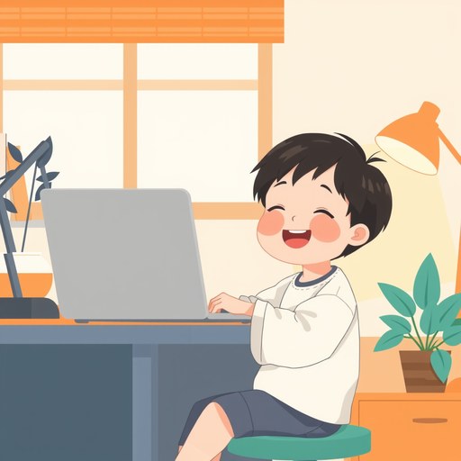 自宅の机でリラックスして学ぶ子どものイラスト