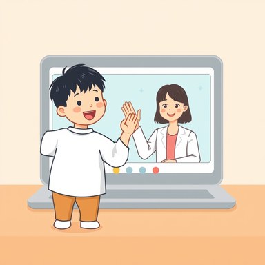 画面越しに先生と挨拶する子どものイラスト